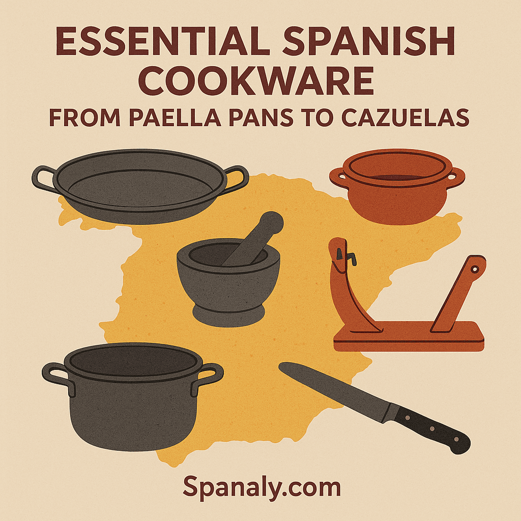 Illustrated Spanish kitchen tools including paella pan, cazuela, and mortar & pestle – Spanaly