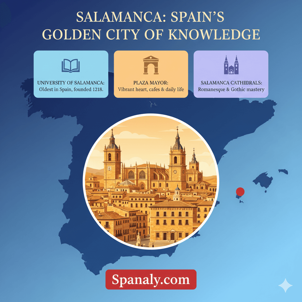 Old Town of Salamanca Infographic - Featuring University of Salamanca, Plaza Mayor, and Cathedrals by Spanaly.com with Spain Map Background