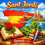 Illustrated 1024×1024 image of the Festa de Sant Jordi in Barcelona, showing a colorful map of Spain with Barcelona highlighted, a red rose resting on an open book, a friendly green dragon symbolizing the Sant Jordi legend, vivid festive colors, and the website name Spanaly.com clearly visible.