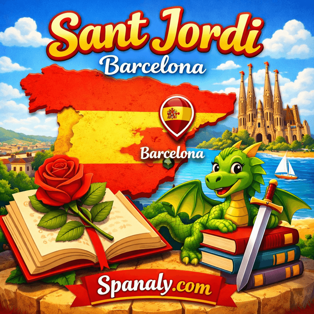 Illustrated 1024×1024 image of the Festa de Sant Jordi in Barcelona, showing a colorful map of Spain with Barcelona highlighted, a red rose resting on an open book, a friendly green dragon symbolizing the Sant Jordi legend, vivid festive colors, and the website name Spanaly.com clearly visible.