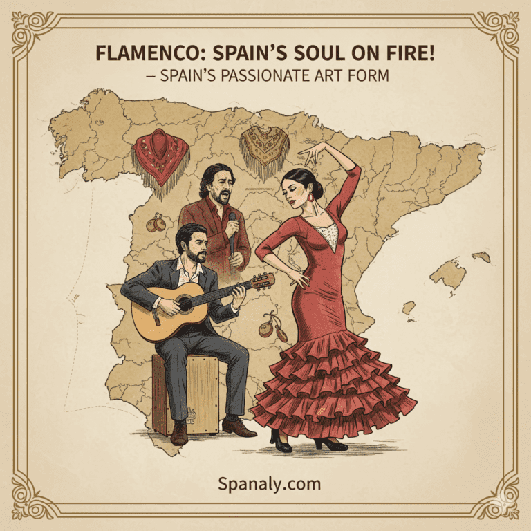 Dynamic illustration of a Flamenco dancer (Bailaora) striking a passionate pose, with a Spanish guitar and castanets, set against a background montage of famous Spanish medieval castles and fortresses, symbolizing the historical depth of this passionate art form. Image for cultural content by Spanaly.com.