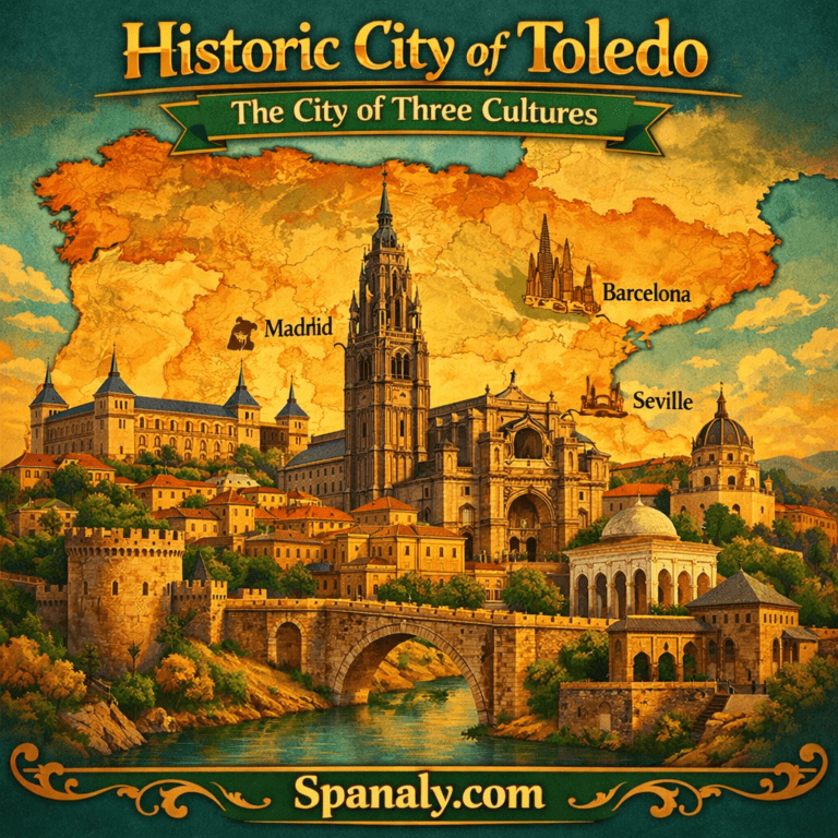 Illustrated view of the Historic City of Toledo with the Alcázar, Toledo Cathedral, and medieval skyline, set over a large colorful map of Spain in the background, vibrant tones, cultural heritage theme, and Spanaly.com branding