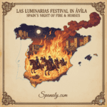 Creative map of Spain highlighting Ávila, featuring large symbols of the Las Luminarias festival with horses jumping through bonfires at night. Artistic illustration showing the medieval walls of Ávila and the night of fire tradition by Spanaly.com.