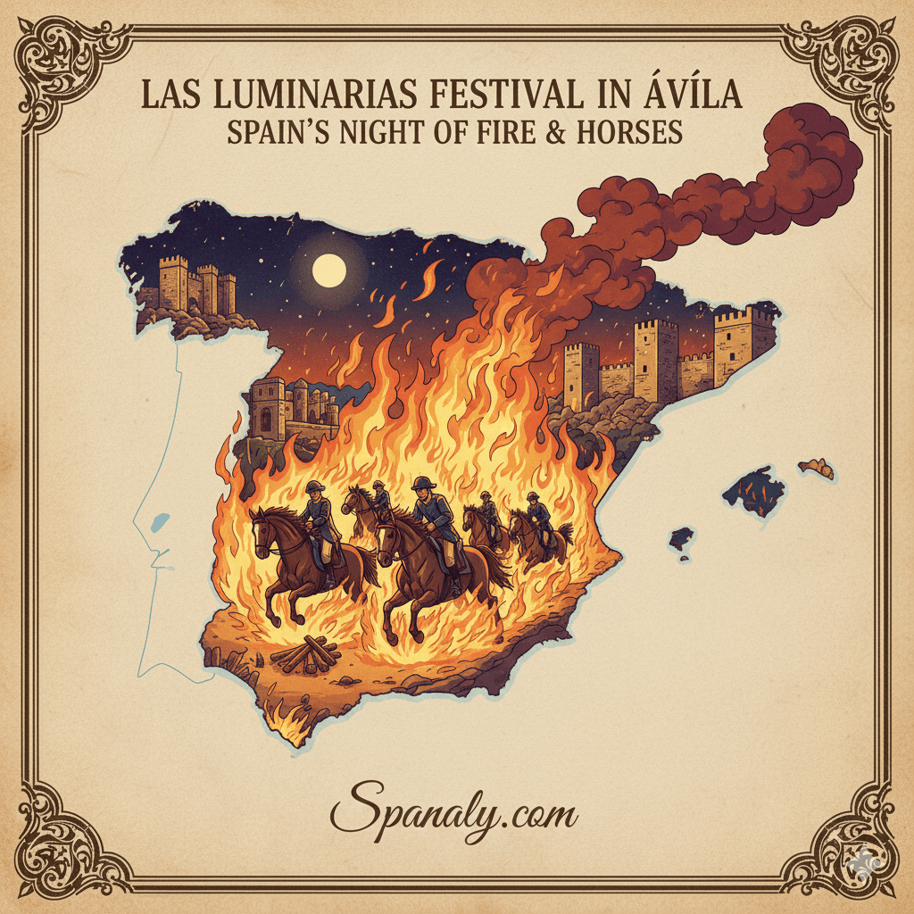 Creative map of Spain highlighting Ávila, featuring large symbols of the Las Luminarias festival with horses jumping through bonfires at night. Artistic illustration showing the medieval walls of Ávila and the night of fire tradition by Spanaly.com.