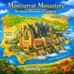 Montserrat Monastery illustrated on a colorful map of Spain, highlighting the sacred mountain of Catalonia with dramatic rock formations and the Spanaly.com travel guide branding.