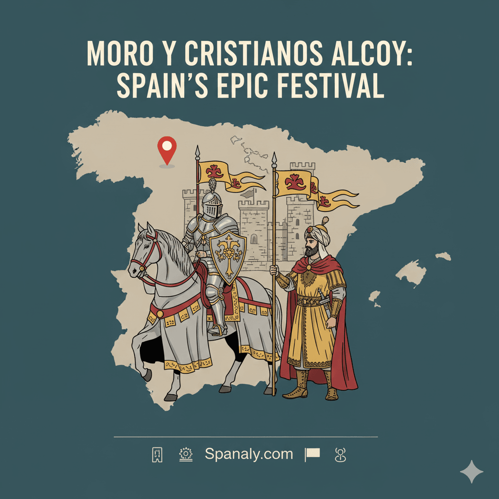 Cinematic Moros y Cristianos festival in Alcoy featuring medieval warriors and a Spain map background for Spanaly.com travel guide