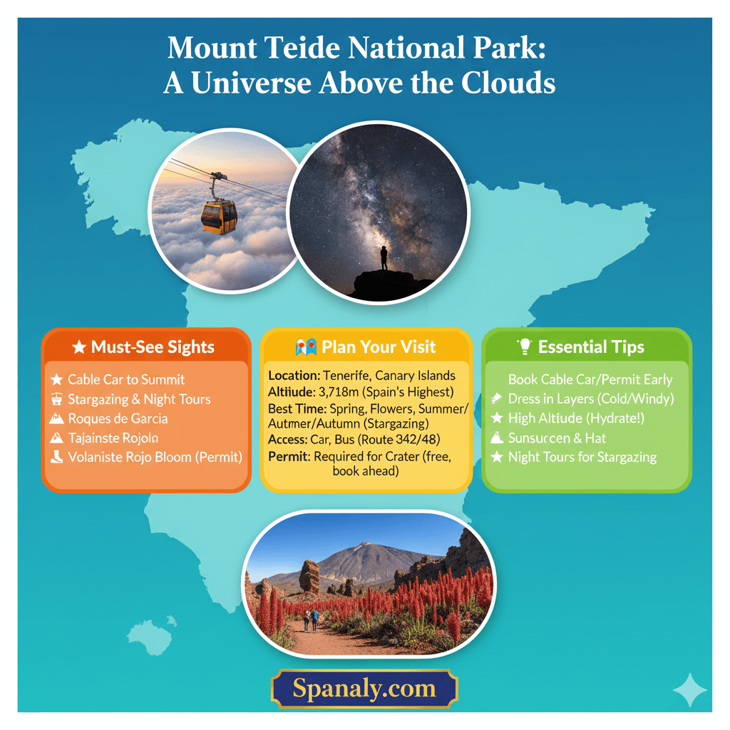 Complete Visitor Guide Infographic for Mount Teide National Park Tenerife - Featuring Travel Tips, Top Sights, and Practical Information by Spanaly.com with a vibrant Spain map background