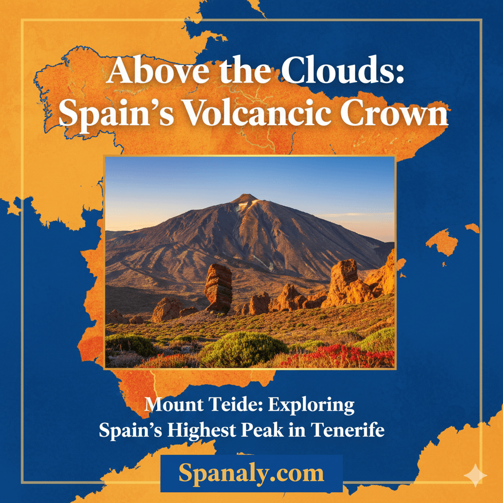 Mount Teide National Park Tenerife: Spain's Highest Peak and Volcanic Landscape - Professional Travel Infographic by Spanaly.com with Spain Map Background
