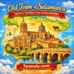 Illustrated view of Salamanca Old Town with Plaza Mayor and Cathedral in the center, over a large map of Spain, showing vibrant colors and the city’s iconic landmarks