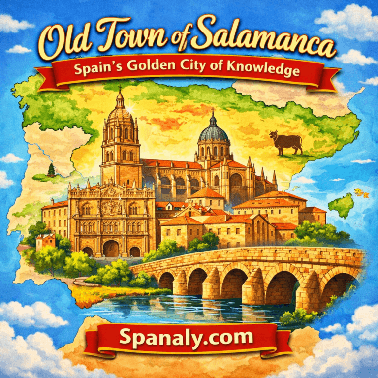 Illustrated view of Salamanca Old Town with Plaza Mayor and Cathedral in the center, over a large map of Spain, showing vibrant colors and the city’s iconic landmarks