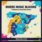 Illustrated map of Spain with vibrant music-themed icons representing Primavera Sound Barcelona, featuring bold colors and festival elements.