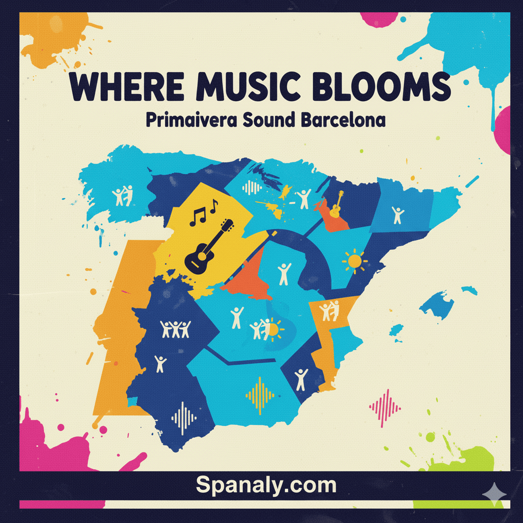 Illustrated map of Spain with vibrant music-themed icons representing Primavera Sound Barcelona, featuring bold colors and festival elements.