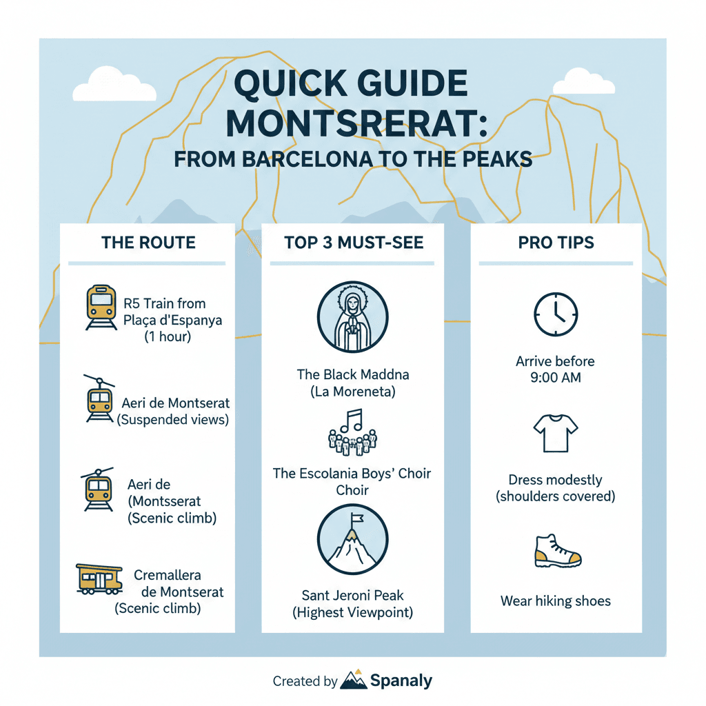 Infographic quick guide to Montserrat Monastery showing how to reach from Barcelona via R5 train, cable car, and rack railway, including top sights like the Black Madonna and visiting tips