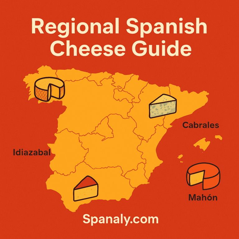 Illustrated 1024×1024 map of Spain highlighting major cheese regions, with icons for Manchego, Cabrales, Mahón, and Idiazabal, labeled “Spanaly.com”.