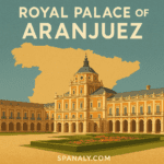 "Illustration of the Royal Palace of Aranjuez with its grand central dome and arched façades, set against a stylized map of Spain in the background. The palace gardens are visible in the foreground. Text on image reads 'Royal Palace of Aranjuez' at the top and 'SPANALY.COM' at the bottom."