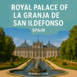 "Illustrated view of the Royal Palace of La Granja de San Ildefonso in Spain, showcasing its Baroque architecture, elegant gardens, and fountains, with a subtle map of Spain in the background and 'Spanaly.com' at the bottom."