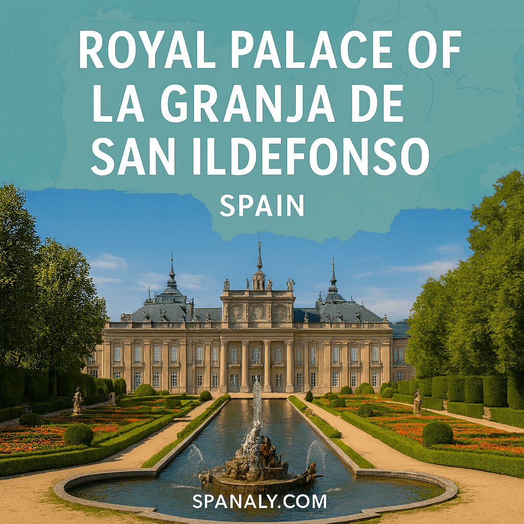 "Illustrated view of the Royal Palace of La Granja de San Ildefonso in Spain, showcasing its Baroque architecture, elegant gardens, and fountains, with a subtle map of Spain in the background and 'Spanaly.com' at the bottom."