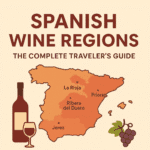 Illustrated 1024×1024 map of Spain showing major wine regions (La Rioja, Ribera del Duero, Priorat, Rías Baixas, and Jerez), with wine bottle, glass, grapes, and the title “Spanish Wine Regions – The Complete Traveler’s Guide.