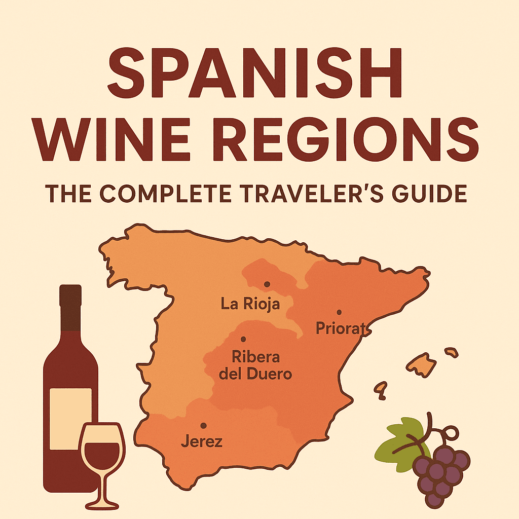 Illustrated 1024×1024 map of Spain showing major wine regions (La Rioja, Ribera del Duero, Priorat, Rías Baixas, and Jerez), with wine bottle, glass, grapes, and the title “Spanish Wine Regions – The Complete Traveler’s Guide.