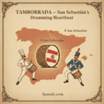 Illustrated promotional graphic showing the map of Spain with the city of San Sebastián highlighted, featuring clear symbols of traditional drums and barrels representing the iconic annual Tamborrada festival. The image promotes the travel and culture guide by Spanaly.com.