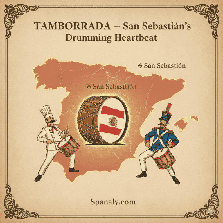 Illustrated promotional graphic showing the map of Spain with the city of San Sebastián highlighted, featuring clear symbols of traditional drums and barrels representing the iconic annual Tamborrada festival. The image promotes the travel and culture guide by Spanaly.com.