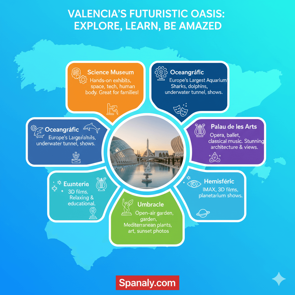 City of Arts and Sciences Valencia Highlights Infographic - Guide to Science Museum, Oceanografic Aquarium, Hemisferic, and Palau de les Arts by Spanaly.com