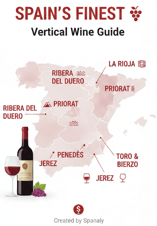 Illustrated 1024×1024 map of Spain showing major wine regions (La Rioja, Ribera del Duero, Priorat, Rías Baixas, and Jerez), with wine bottle, glass, grapes, and the title ‘Spanish Wine Regions – The Complete Traveler’s Guide.’