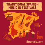 “Illustrated map of Spain showing traditional musical instruments and festival icons, designed in bright colors – Spanaly.com”