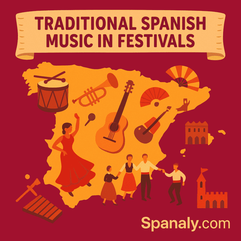 “Illustrated map of Spain showing traditional musical instruments and festival icons, designed in bright colors – Spanaly.com”