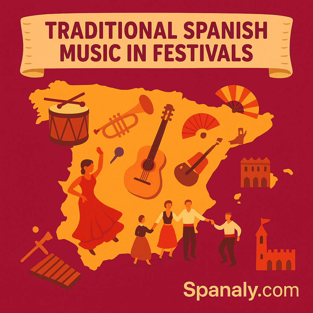 “Illustrated map of Spain showing traditional musical instruments and festival icons, designed in bright colors – Spanaly.com”