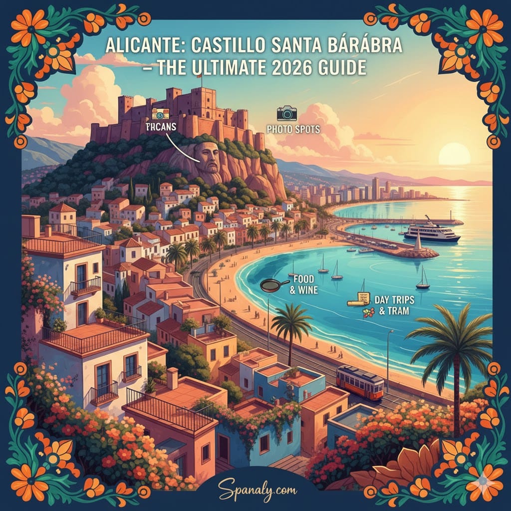 A stunning artistic cover image for the 2026 Alicante travel guide. The illustration features Castillo de Santa Bárbara atop Mount Benacantil with the 'Moor's Face' rock formation. In the foreground, the colorful Santa Cruz neighborhood and Postiguet Beach are visible. The image includes text: 'ALICANTE: CASTILLO SANTA BÁRBARA – THE ULTIMATE 2026 GUIDE' and icons for Photo Spots, Food & Wine, and Day Trips. Framed with Spanaly’s signature floral border.