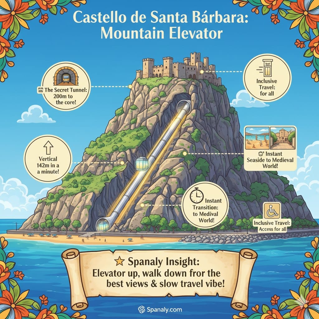 A colorful illustration showing the mountain elevator of Castillo de Santa Bárbara in Alicante. The graphic depicts a tunnel entrance at Postiguet Beach and a vertical lift shaft through Mount Benacantil leading to the castle. Icons highlight the 142m vertical ascent, inclusive travel access, and the instant transition from the seaside to the medieval world. A Spanaly Insight scroll at the bottom advises taking the elevator up and walking down.
