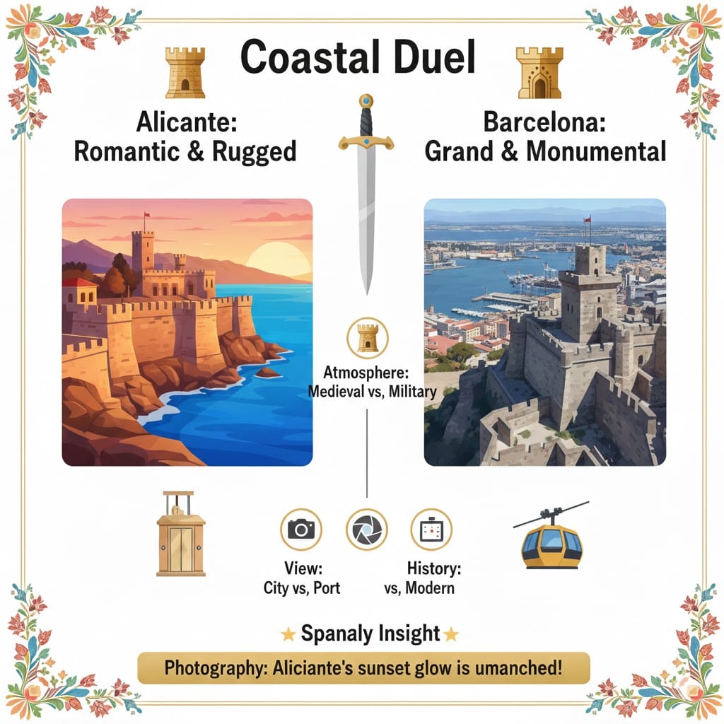 A colorful illustration comparing Castillo de Santa Bárbara in Alicante and Montjuïc Castle in Barcelona. The graphic features artistic drawings of both fortresses, a central sword icon titled 'Coastal Duel', and comparison points for atmosphere, views, and history. It includes a Spanaly Insight box highlighting Alicante's sunset and a decorative floral border.