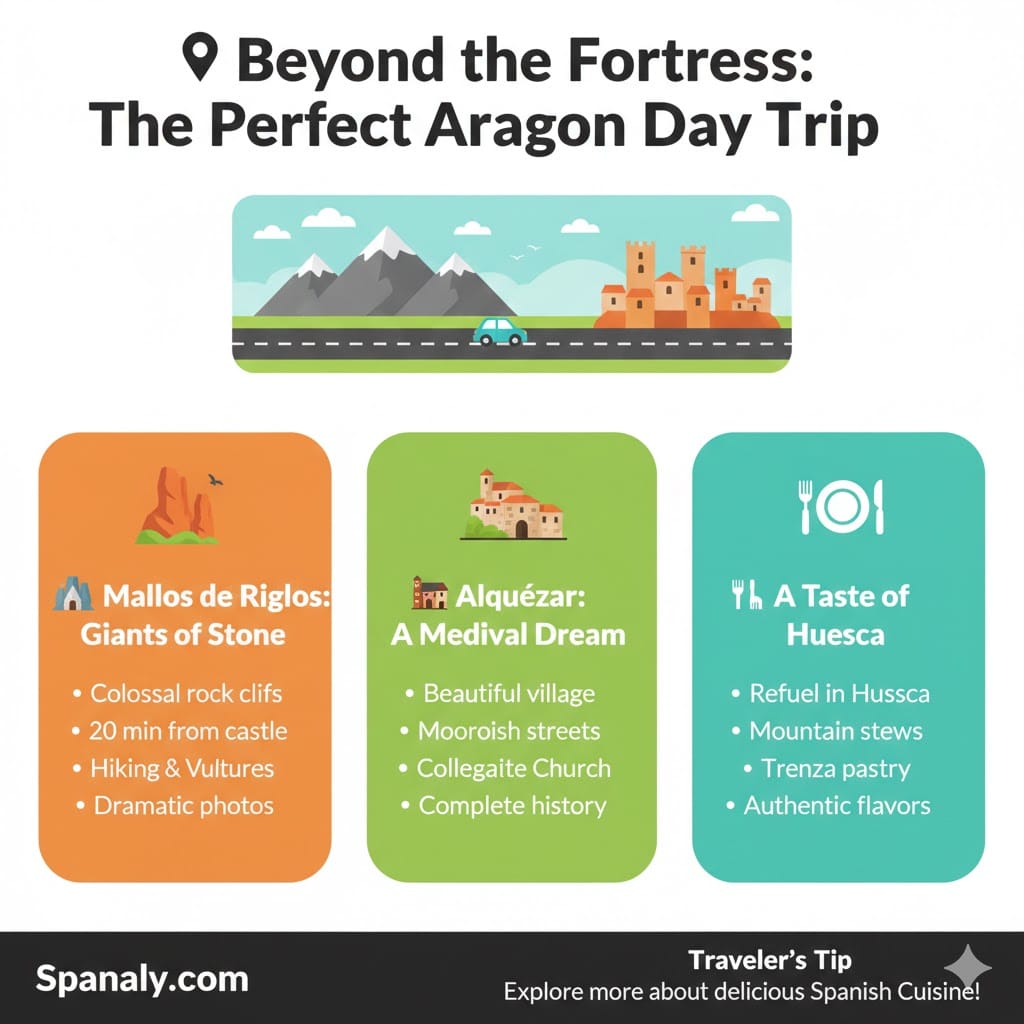 Infographic showing a perfect day trip in Aragon including Mallos de Riglos, Alquézar village, and Huesca local cuisine.