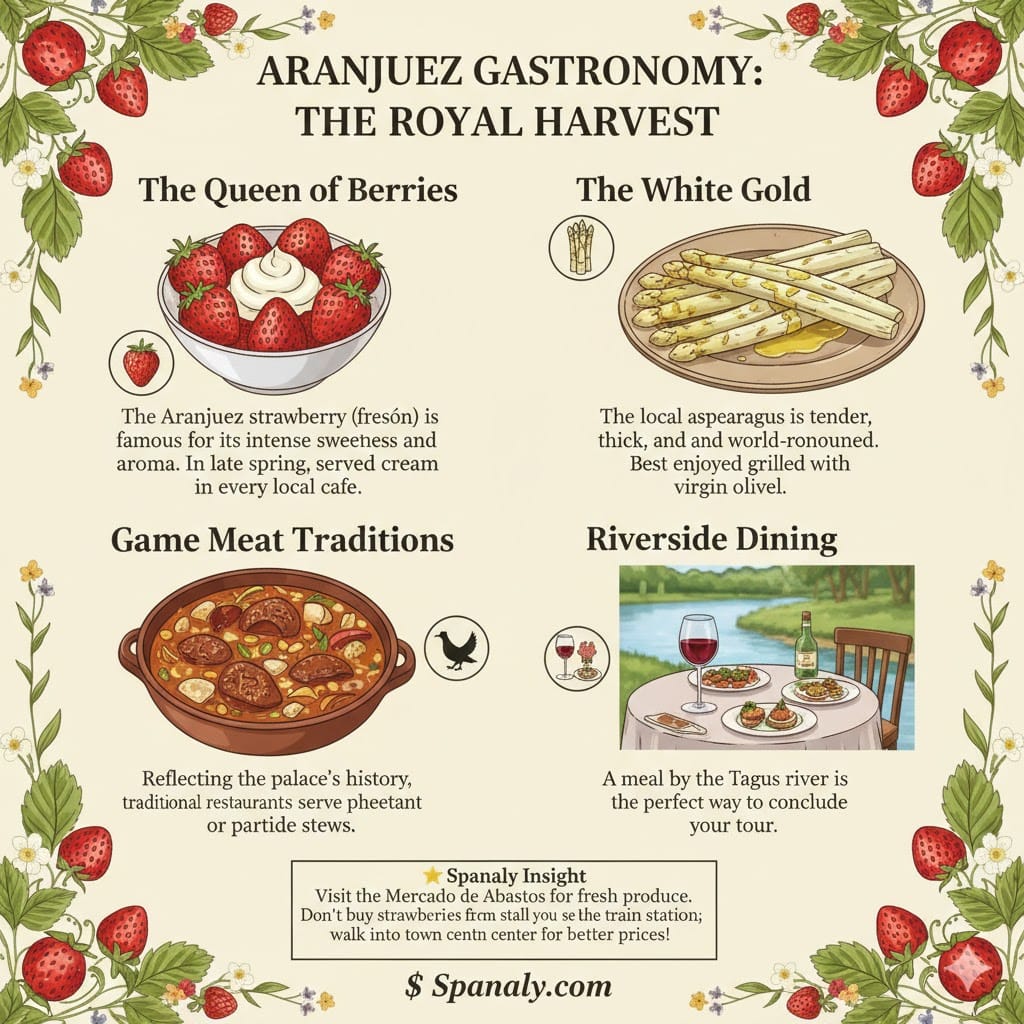 A delicious 1024x1024 infographic titled 'Aranjuez Gastronomy: The Royal Harvest'. It features illustrations of strawberries with cream, grilled white asparagus, a traditional game meat stew, and a romantic riverside dining setup. The graphic is framed with strawberry vines and includes a Spanaly Insight box with the Spanaly.com logo.