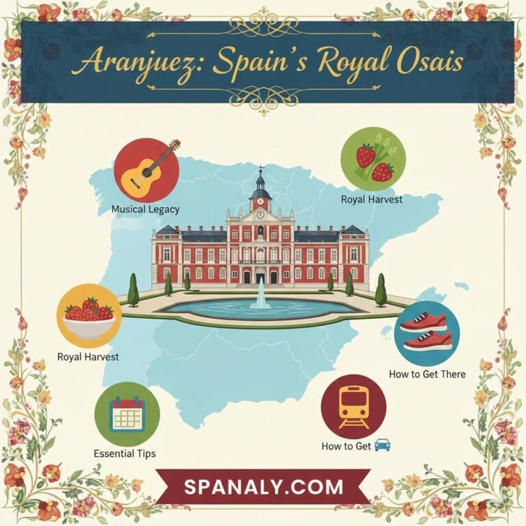 A colorful main infographic for 'Aranjuez: Spain's Royal Oasis' featuring a map of Spain with the Royal Palace of Aranjuez at its center. The graphic includes circular icons for Musical Legacy, Royal Harvest (strawberries and asparagus), Essential Tips, and Transport options. It is framed with a thin floral border and displays SPANALY.COM at the bottom.