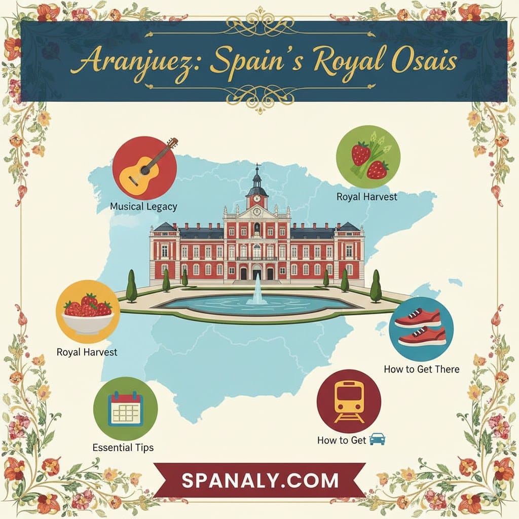 A colorful main infographic for 'Aranjuez: Spain's Royal Oasis' featuring a map of Spain with the Royal Palace of Aranjuez at its center. The graphic includes circular icons for Musical Legacy, Royal Harvest (strawberries and asparagus), Essential Tips, and Transport options. It is framed with a thin floral border and displays SPANALY.COM at the bottom.