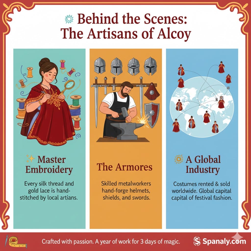 Infographic showing the artisans of Alcoy including master embroidery and armorers creating costumes for Moros y Cristianos by Spanaly