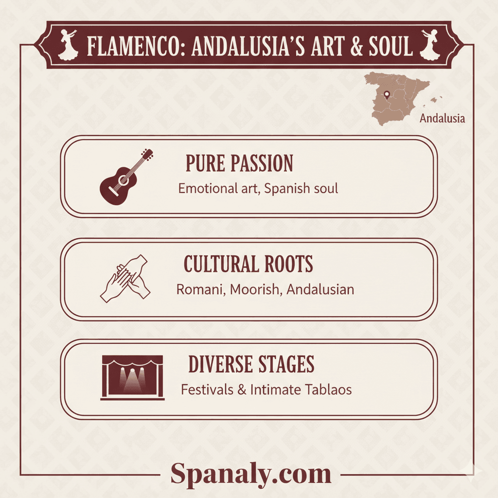Infographic of the Ultimate Authentic Flamenco Guide featuring a map of Spain, flamenco icons, and key highlights of Andalusian culture by Spanaly.com.