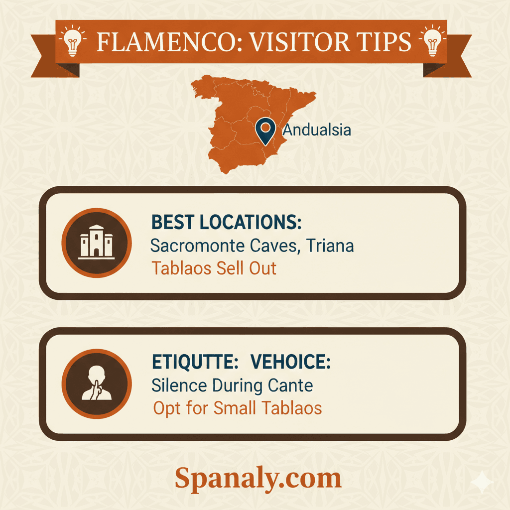 Expert tips for experiencing authentic flamenco in Spain, including best locations in Seville and Granada, venue etiquette, and booking advice infographic by Spanaly.com.