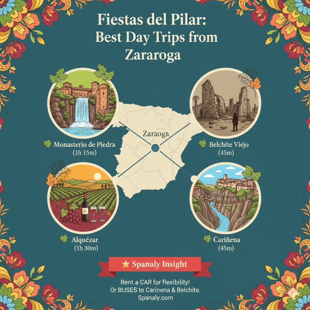 A colorful infographic showcasing four day trips from Zaragoza: Monasterio de Piedra (waterfalls), Belchite Viejo (historic ruins), Alquézar (medieval village and canyon), and Cariñena (vineyards and wine). A map of Spain in the center highlights Zaragoza's location. Bottom banner includes a Spanaly Insight about renting a car or taking buses. Logo: Spanaly.com.