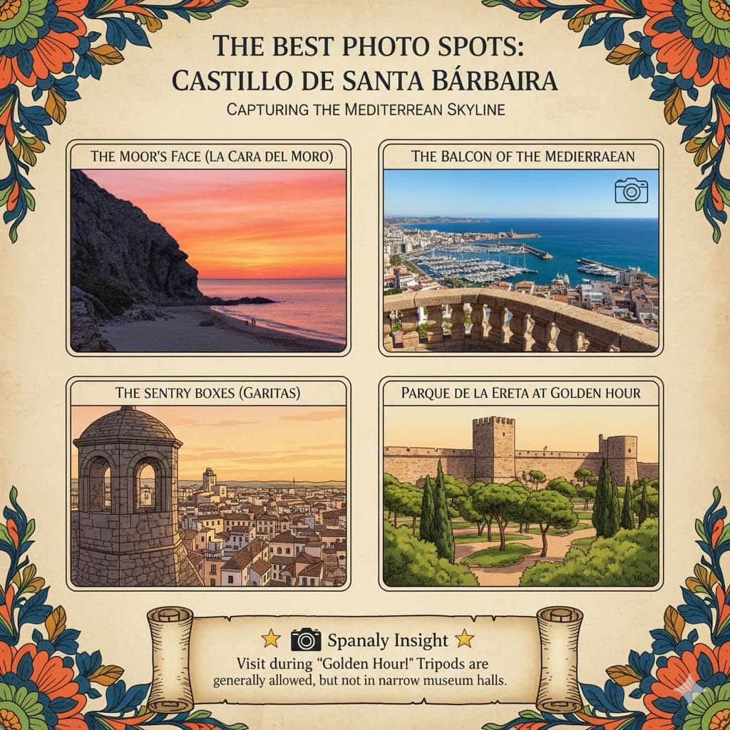 A professional infographic titled 'The Best Photo Spots: Castillo de Santa Bárbara'. It features four visual panels: the Moor’s Face silhouette at sunset, the Balcony of the Mediterranean overlooking the port, the historic Sentry Boxes (Garitas), and Parque de la Ereta during golden hour. A Spanaly Insight scroll at the bottom provides tips for professional photographers and tripod usage.