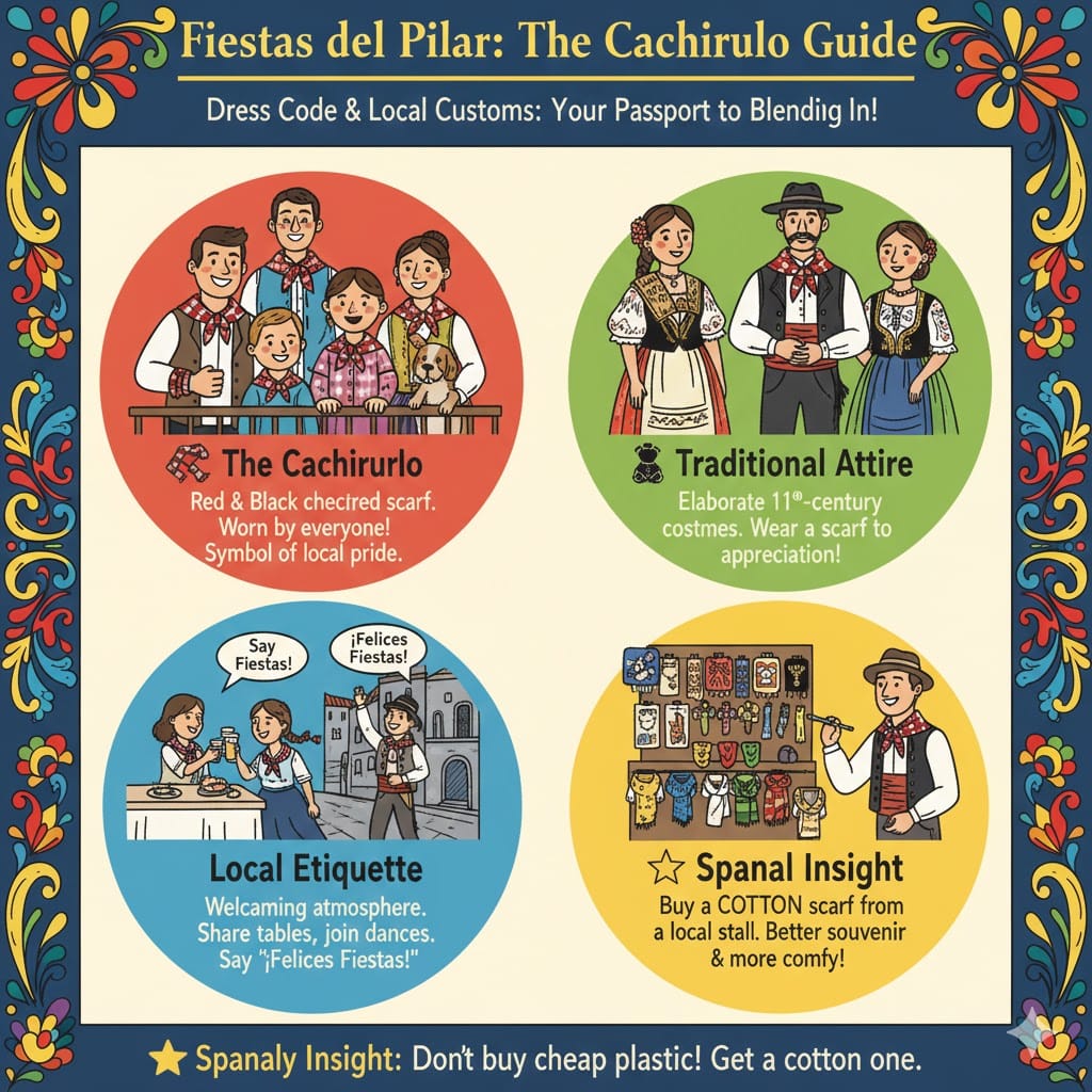 A colorful infographic guide to the Cachirulo scarf and local customs of Fiestas del Pilar. It shows four sections: The Cachirulo (red and black checkered scarf), Traditional Attire (18th-century regional costumes), Local Etiquette (sharing tables and saying Felices Fiestas), and Spanaly Insight on buying cotton scarves. Featuring families and locals in traditional dress. Logo: Spanaly.com.