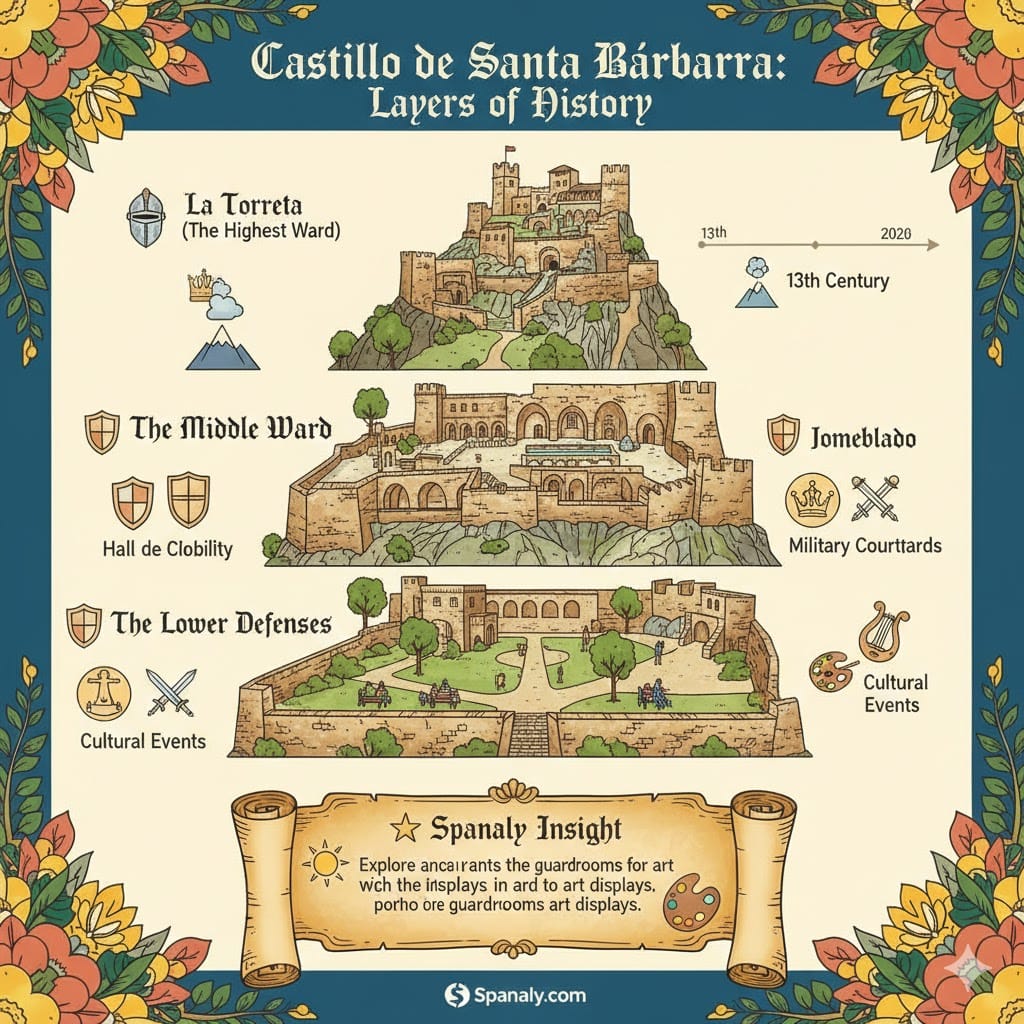 An educational infographic titled 'Castillo de Santa Bárbara: Layers of History'. The graphic illustrates the three levels of the Alicante fortress: La Torreta (13th Century), The Middle Ward with the Hall of Nobility, and The Lower Defenses for cultural events. Each section features artistic sketches of the architecture and historical icons. A Spanaly Insight scroll at the bottom highlights the guardrooms and art displays.