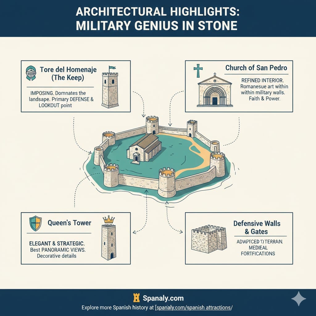 Infographic of Castle of Loarre architectural highlights including the Keep, Church of San Pedro, and Queen's Tower with Spanaly branding.