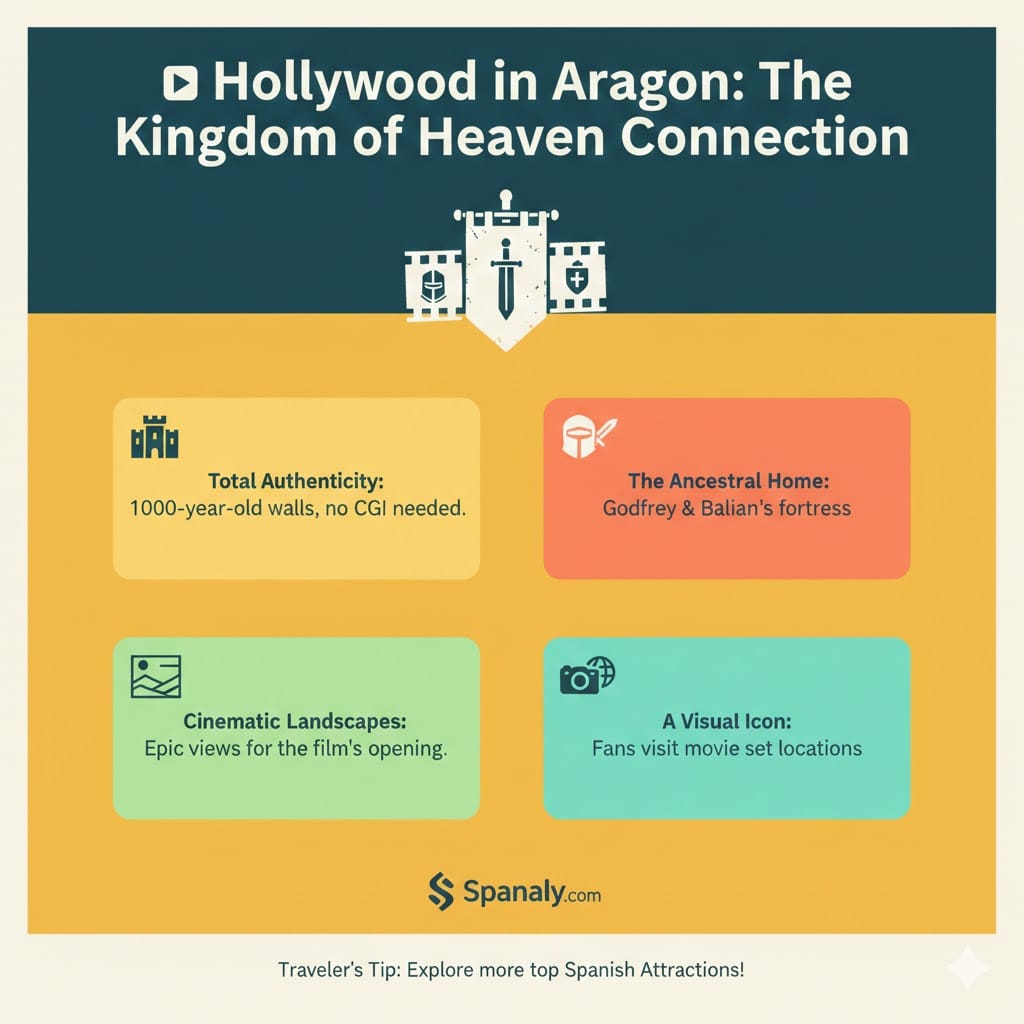 Vibrant infographic showing the cinematic history of Castle of Loarre as the filming location for Kingdom of Heaven.