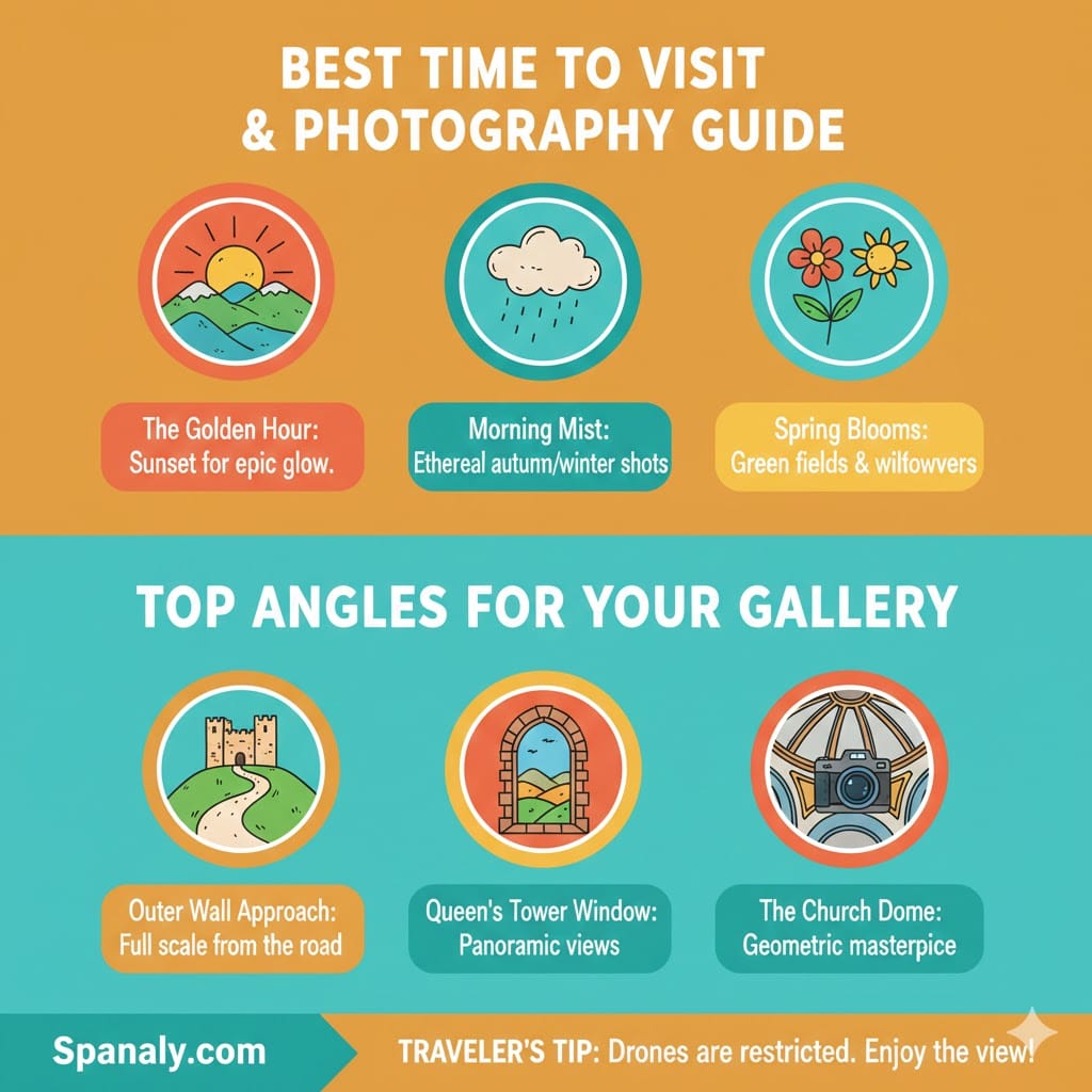 Colorful infographic for Castle of Loarre photography, showing the best lighting times like golden hour and top camera angles.