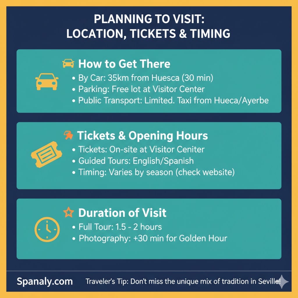 Informative infographic for planning a visit to Castle of Loarre, covering transportation, tickets, and visit duration.