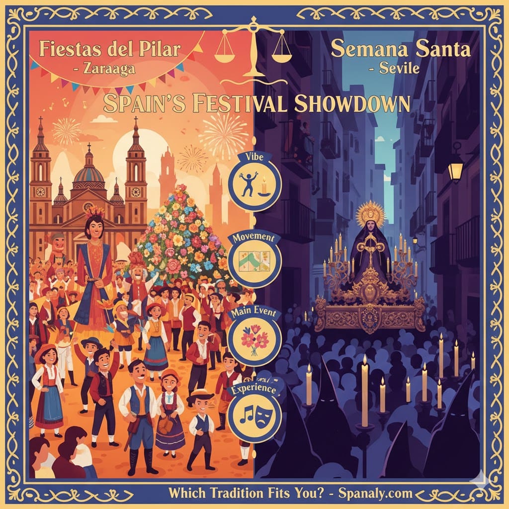 A colorful side-by-side infographic comparing Fiestas del Pilar in Zaragoza and Semana Santa in Seville. The left side shows the sunny Plaza del Pilar with flowers and giant puppets (Gigantes). The right side shows a solemn night procession with a religious float (Paso) and candles. Center icons highlight the differences in Vibe, Movement, Main Event, and Experience. Logo at bottom: Spanaly.com.
