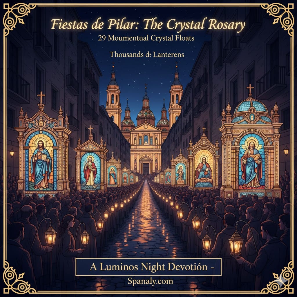 A stunning night infographic of the Rosario de Cristal in Zaragoza. It shows illuminated stained-glass floats (carrozas) glowing in a dark historic street, with thousands of people carrying small lanterns. The Basilica del Pilar is visible in the background. Text overlay: A Luminous Night Devotion. Logo at bottom: Spanaly.com.